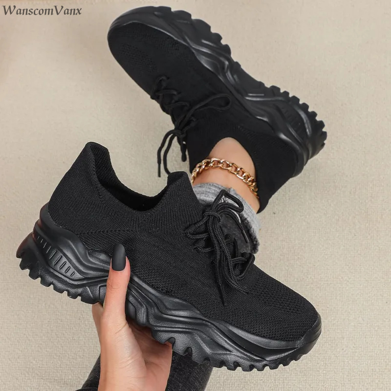 Baskets plateforme épaisses te - Knit Fabric Lace Up Sneakers avis et prix